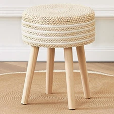 Round Ottoman Footstool Natural Seagrass Foot Stool Pouf Ottomans with Solid ...