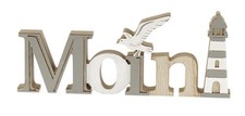 Deko Holz Schriftzug Moin 28 cm mit Leuchtturm - Maritim Deko, Strand, Möwe