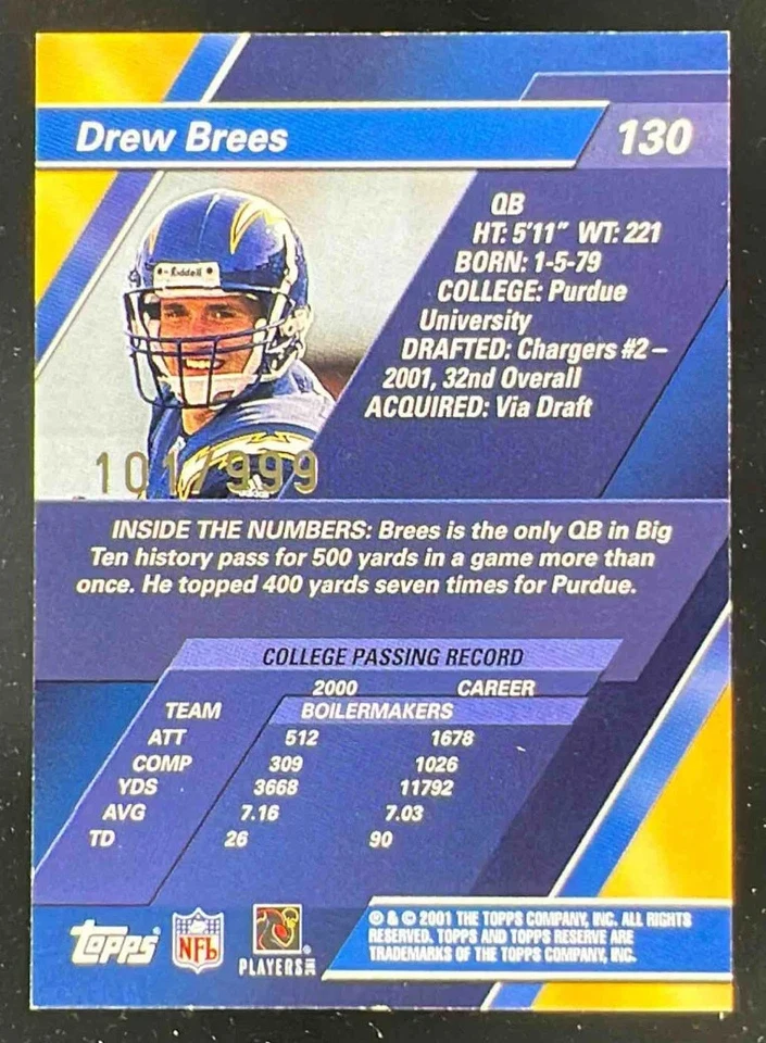 2001 Topps Reserve #130 Drew Brees RC /999 - Image 2 of 2