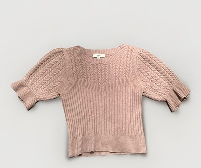 Entro Women s Beige Puff Sleeve Cable Knit Cropped Sweater Size Small ￼