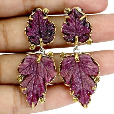 925 Sterling Silver Earrings Leaf Carved Ruby 24x17mm Sapphire Handmade Gemstone