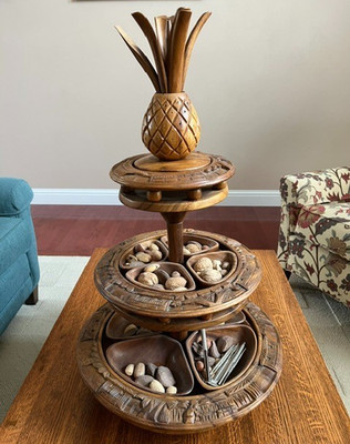 Monkey Pod Pineapple Lazy Susan Serving Teak Hand Carved Wood Tray 3 Tier Hawaii