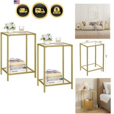 Side Tables Set of 2 End Tables with Tempered Glass Modern Style Gold