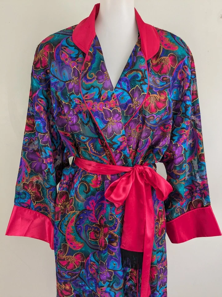 Vtg 90s Victorias Secret Satin Robe Dressing Gown M L Elegant Jewel Tones Belt  - Image 3 of 4