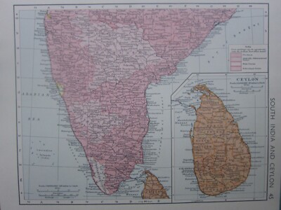 1952 MAP ~ SOUTH INDIA & CEYLON MYSORE ORISSA HYDERABAD GOA COLOMBO