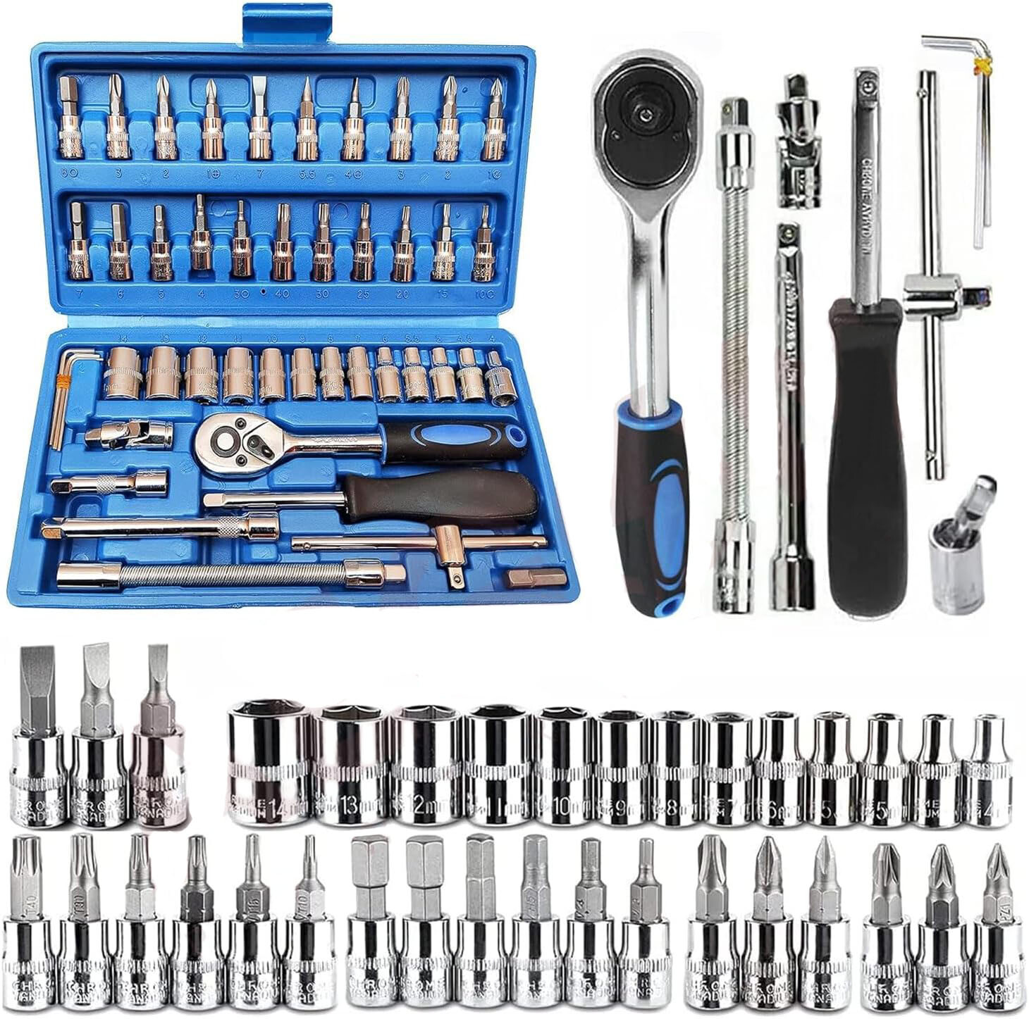 46PCS 1/4 Inch Socket Set with Extension Bars for Auto Repair and DIY