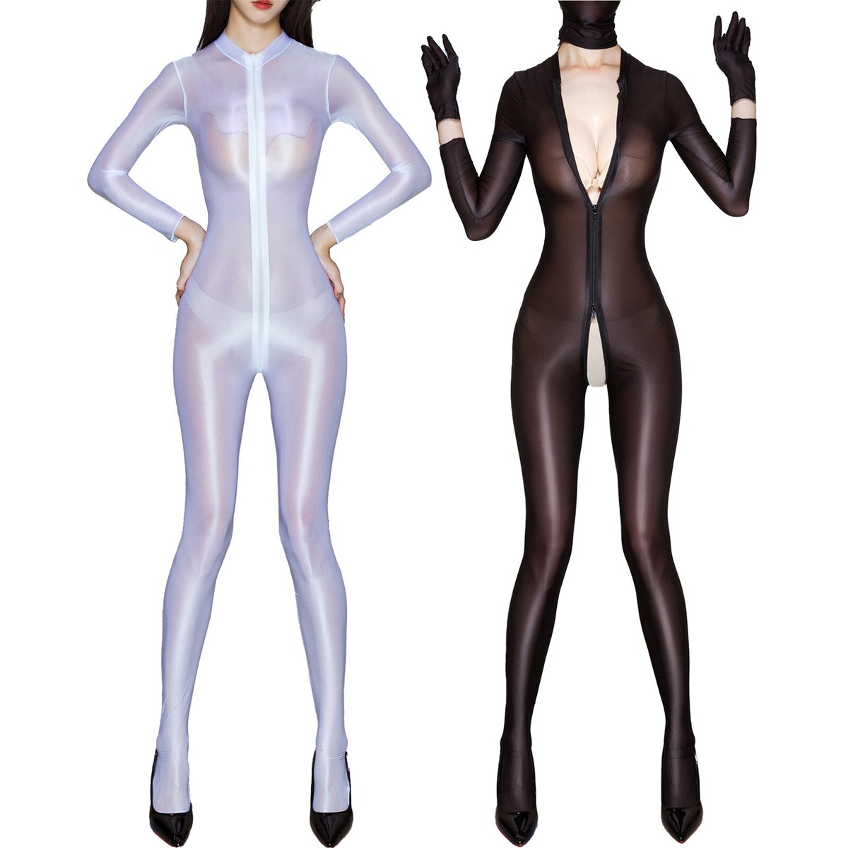 Women Jumpsuit Mock Neck Glossy Bodysuit Sheer See-through