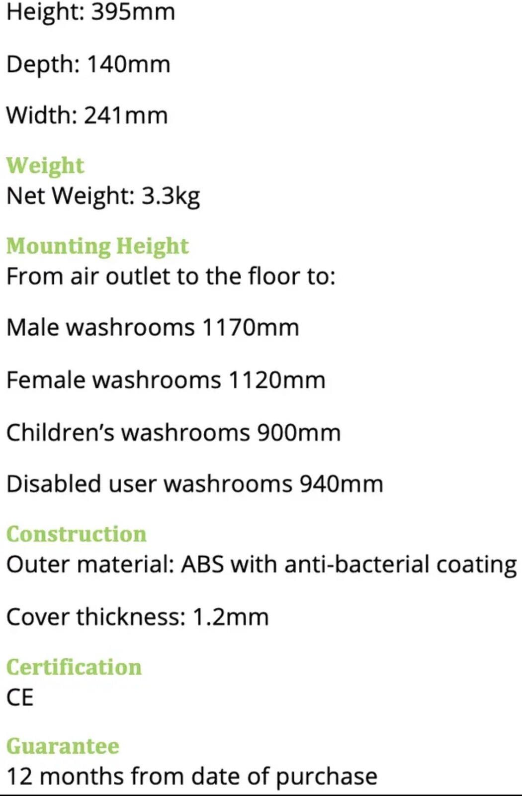 APEX AIRBLADE HAND DRYER, HIGH SPEED AUTOMATIC Similar to Dyson Hand