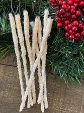 8 Primitive Off White MUSLIN 8" Fabric ICICLES w Mica Flakes Christmas Ornaments