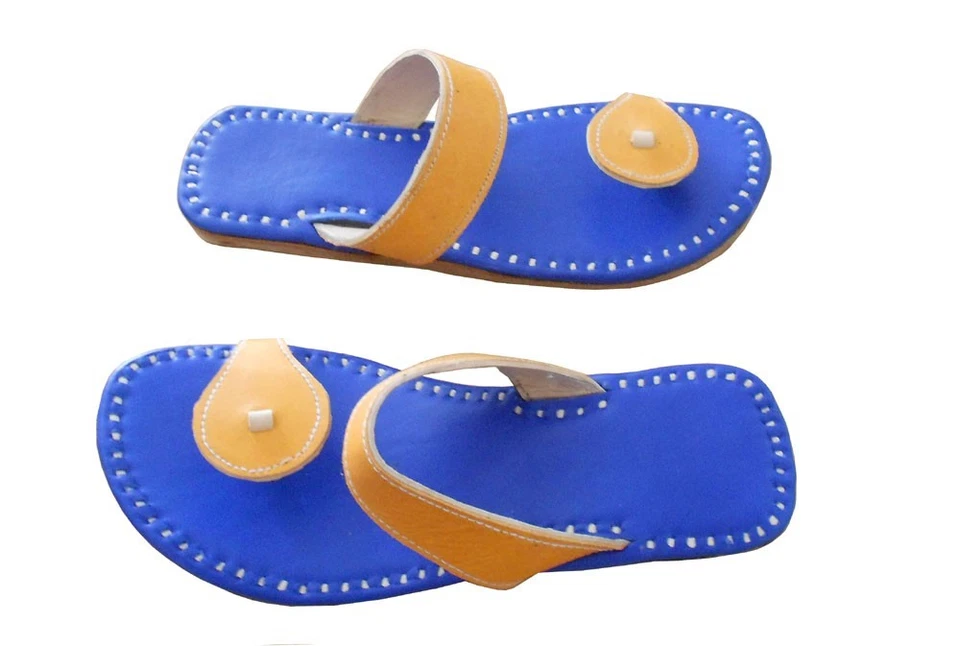 Chinelos femininos indianos feitos à mão couro tradicional azul balé jutties planas EUA 4 - Imagem 4 de 4