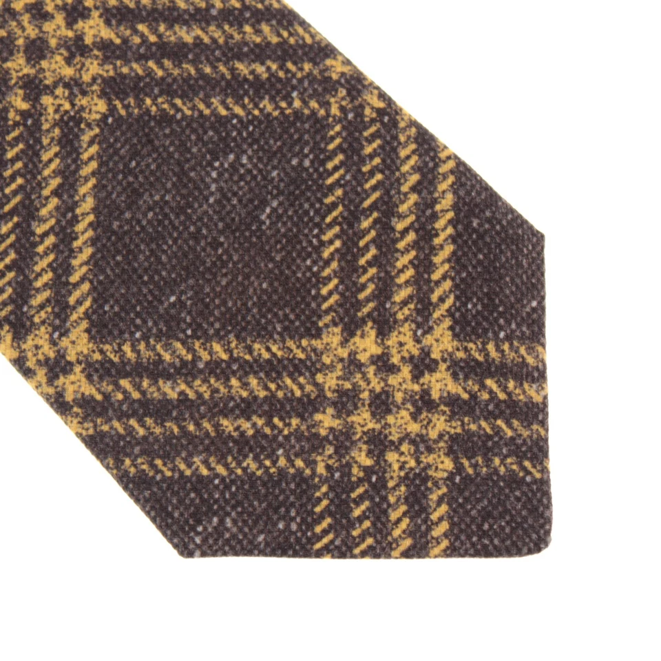 Corbata Kiton nueva sin etiquetas seda/lino/algodón siete pliegues en marrón grisáceo/amarillo a cuadros Foto 2 de 4