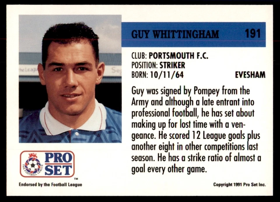 Pro Set Football 1991-1992 Portsmouth Guy Whittingham #191 - Image 2 of 2