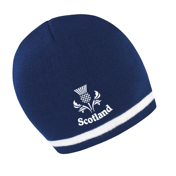 MENS/ WOMENS SCOTLAND THISTLE BEANIE HAT - NAVY/WHITE, IDEAL GIFT