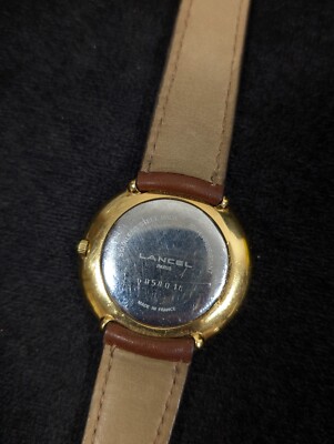 Vintage Lancel Paris Gold Tone Round Case Brown Leather Band  display picture 3