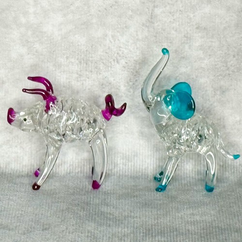 Statuine vintage vetro trasparente soffiato filato a mano 2,5” elefante blu acqua 2” maiale rosa - Foto 2 di 7