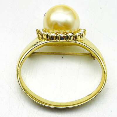 AJC Simulated Pearl Ring Brooch Gold Tone Rhinestones Chunky Gaudy Bling Sparkle