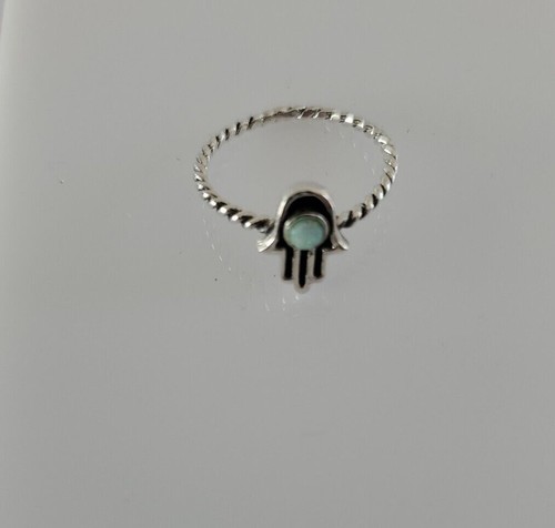 Sterling Silver Hamsa White Simulated Imitation Opal Ring - Picture 3 of 9