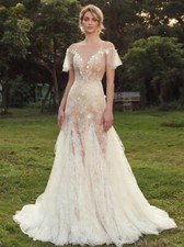 Sexy O-neck Mermaid Wedding Dresses Short Sleeve Appliques Sequins Bridal Gowns
