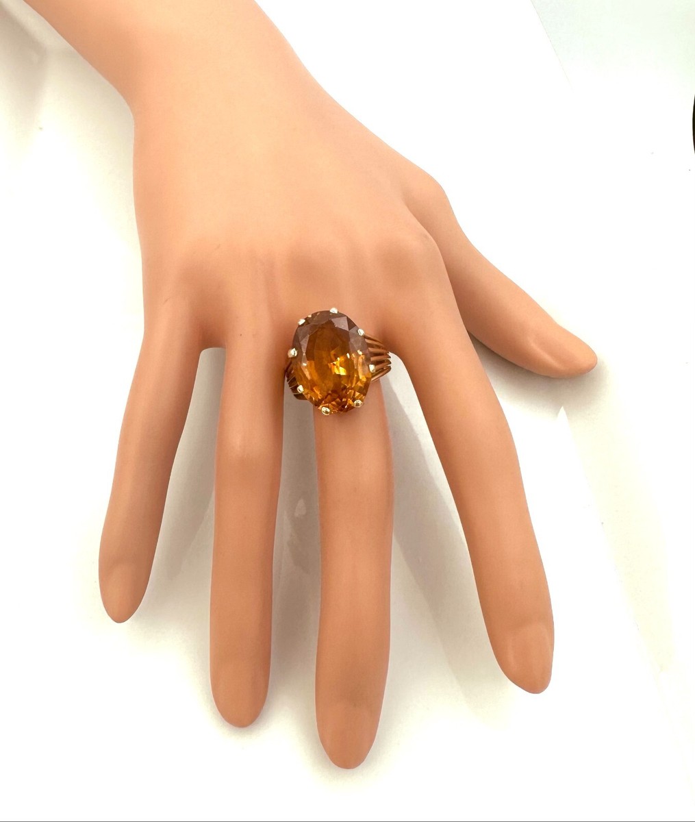 Bague En Or 18 Carats Avec Citrine - Style Art Déco, Poids 11.72g, Taille 61, Occasion
