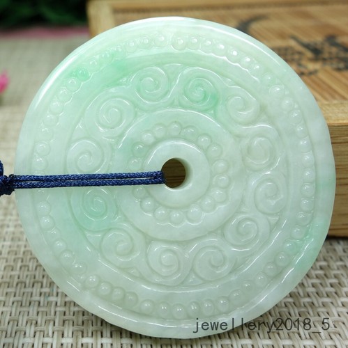 Certified Green Burma 100% natural A jadeite jade Donut Pendant~仿古雕花 平安扣 - Picture 11 of 19