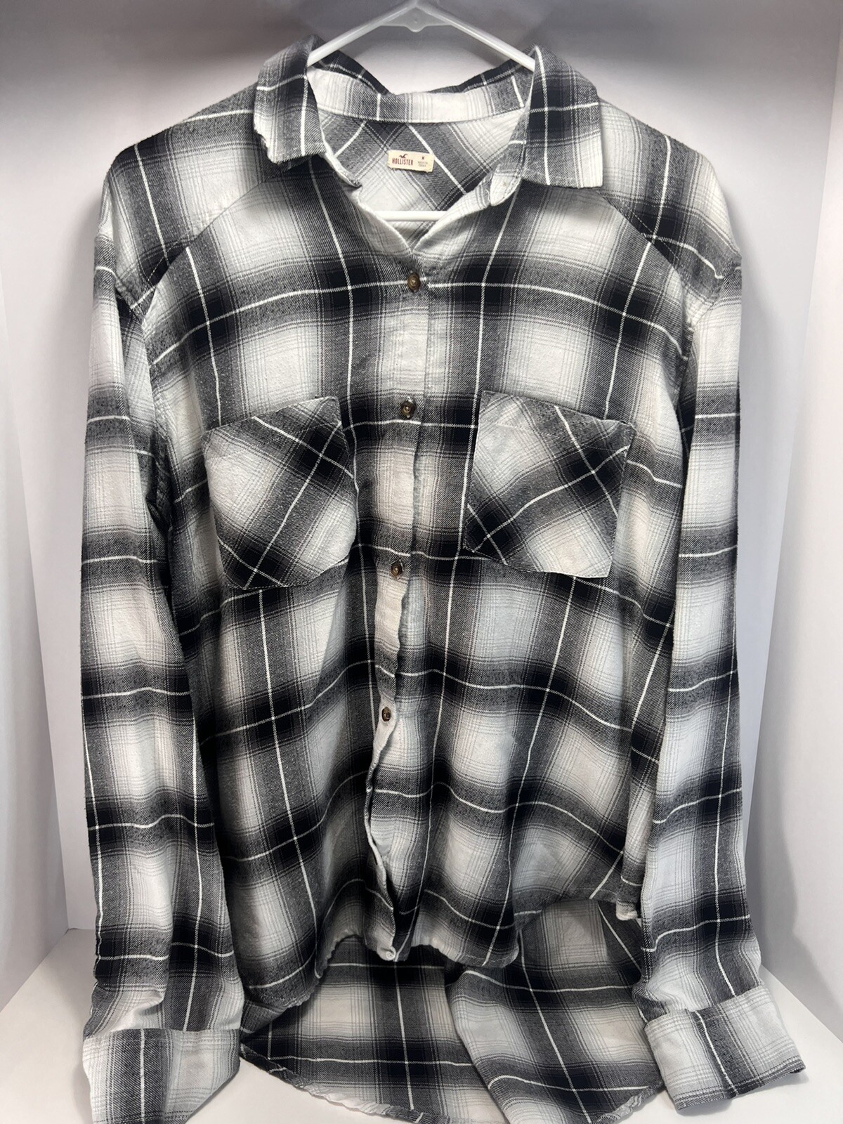 Hollister Flannel Shirt Woman's M Black & White Plaid Button Down-image