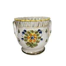 VTG Ceramic Pottery Planter Hand-Painted Floral Rustic Crimp Trim Italy-Style