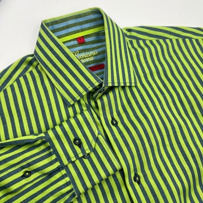 Luchiano Visconti Mens Green Striped 2-Ply Mercerized Cotton Button Down Shirt M