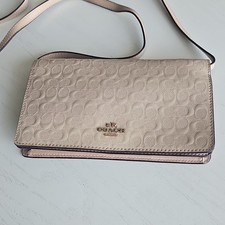 Coach Beige Embossed Logo Shoulder Bag Gold Hardware Women's Designer