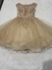 Gold Lace Bodice Tulle Cocktail Dress with Beaded Waist SizeXS. Preowned Great