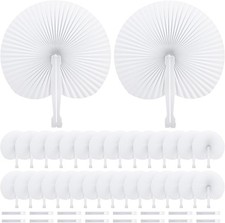 48 Pack Folding Paper Hand Fans with Plastic Handle, Plain White