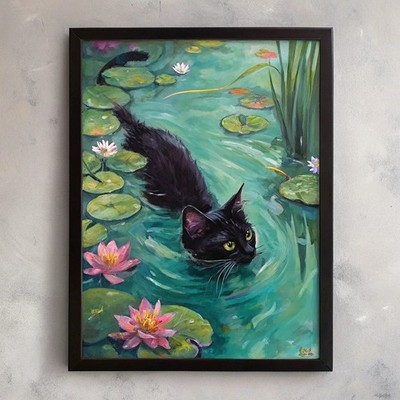 Schwarze Katze schwimmt im Seerosenteich Wandbild Poster Druck Katzenbild Katze Geschenkidee