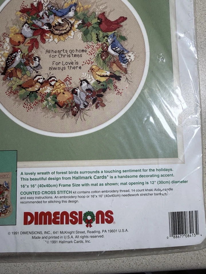 Dimensions Forest Birds Wreath 8413 SEALED 1991 Cross Stitch 16 x 16 Xmas NOS - Image 4 of 4