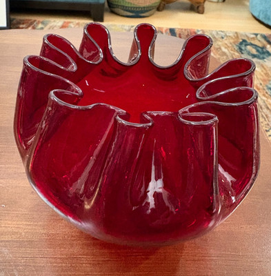 Vintage Pilgrim #71 Ruby Red Ribbon Vase Crackle Glass Rose Bowl Dish Hand Blown