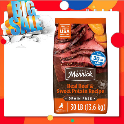 Merrick Premium Grain Free Dry Adult Dog Food, Real Beef & Sweet Potato 30lb