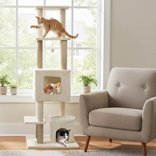 64" Tall Cat Tree w/ 2 Large Condos, Jute Scratching Posts, Plush Top Perch