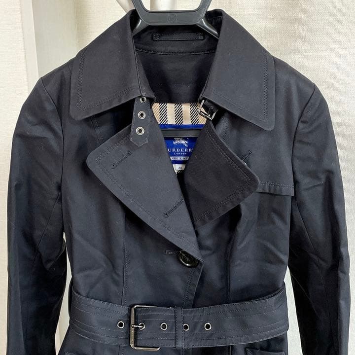 Burberry Blue Label Trench Coat Black Polyester Check Pattern Size 38 Women thumbnail 2