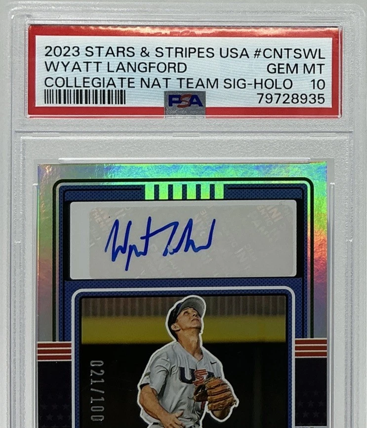Wyatt Langford Rookie Auto PSA 10 -2023 Panini Stars & Stripes Holo /100 Rangers - Image 2 of 4