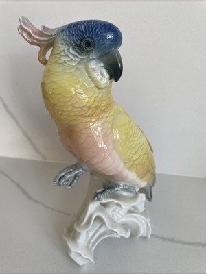 Antique Karl Ens?? Germany Bird Porcelain Figurine Blue / Yellow Cockatoo