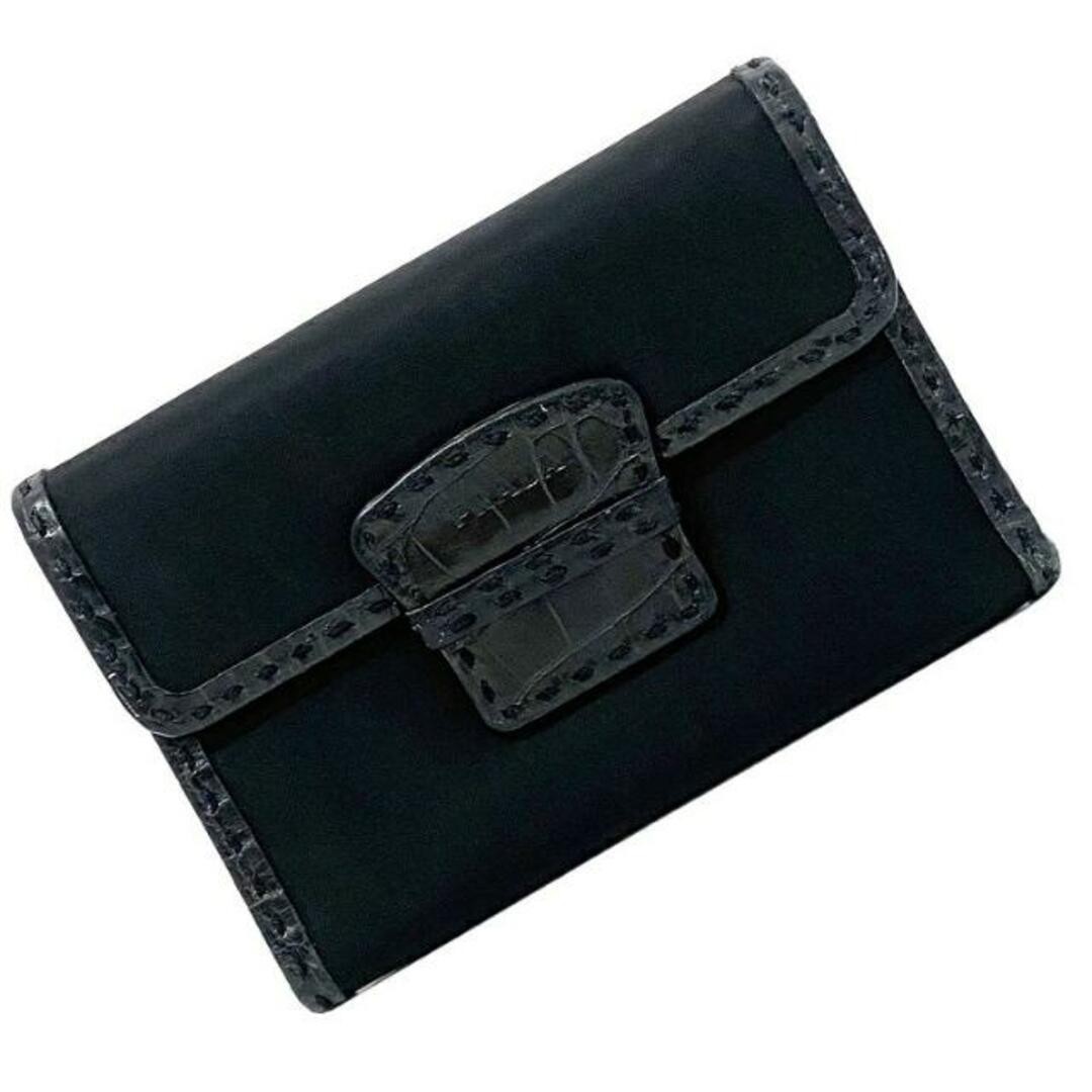 Prada Tri-fold Wallet Black Nylon Leather Crocodile Embossed Excellent Condition