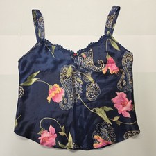 Vintage California Dynasty Navy Blue Floral Paisley Satin Cami Tank Top Small