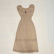 Beige Midi Dress Short Ruffle Sleeve Lace Button Scoop Neck Size M