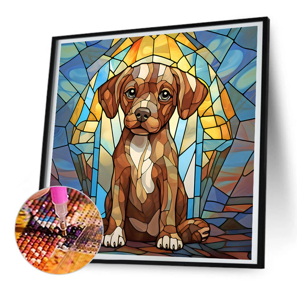 ♥ 5D DIY Full Round Drill Diamond Painting Puppy Stained Glass Kit