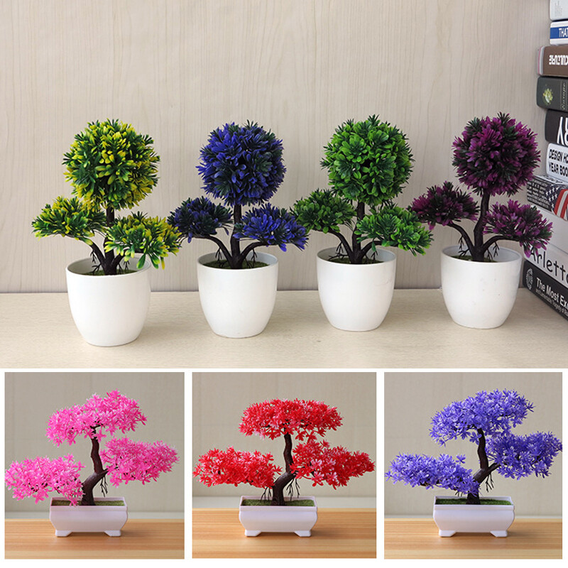Artificial Plants Bonsai Fake Flowers Mini Tree Plant In Pot Potted Home Decor-image