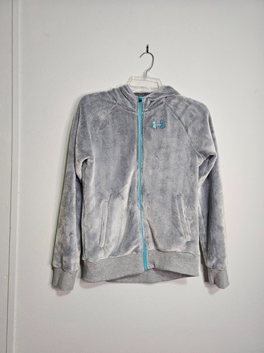 Under Armour Loose Girls Size YLG Silver Faux Fur Zip Up Hooded Jacket Cold Gear