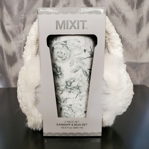 NWT Mix-It Travel Mug & Earmuff Gift Set Gray & White Floral Ready to Gift! - 第 1/5 張圖片