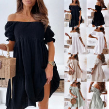 Womens Off Shoulder Mini Dress Ladies Summer Holiday Dresses Ruffle Sundress US