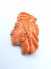 Antique Cameo Red Coral Pink Japan Coral Carving Indian Woman