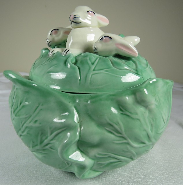 Vintage Ceramic Bunny Topped Cabbage Bowl with Lid Holland Mold
