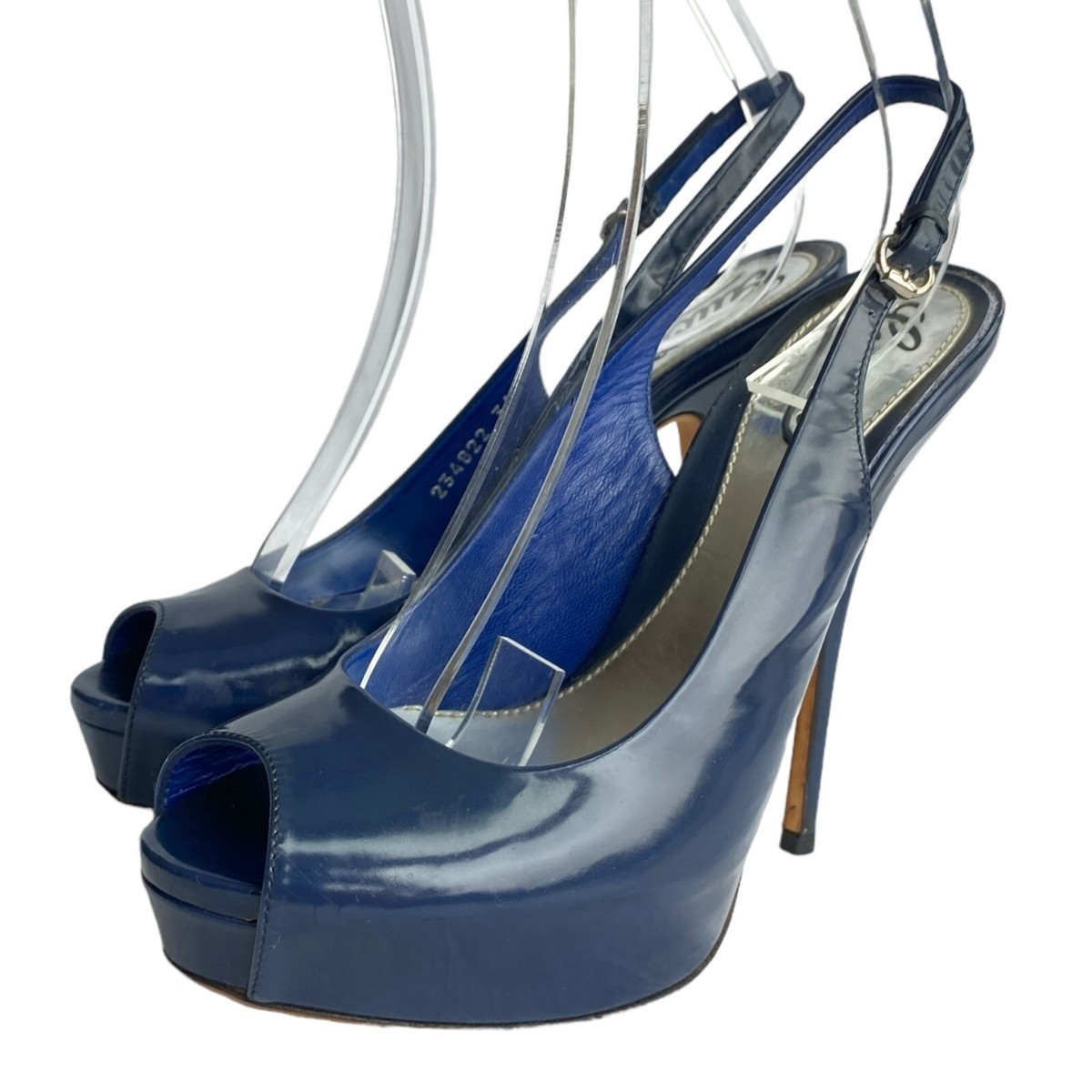 グッチ　パンプス　ネイビー GUCCI Navy Patent Leather Peep Toe Slingback Platform Pumps