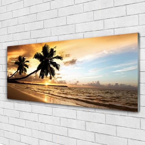 Tableau Moderne Palmiers Plage Mer Sur Verre Acrylique 125x50 Cm - Décoration Murale Paysage Tropical